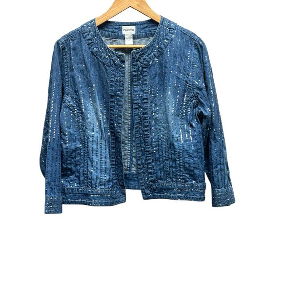 Chico’s Denim Jacket Sz 2‎ (L/12) Sequin Embellished Open Front Cropped Jean - Picture 1 of 6